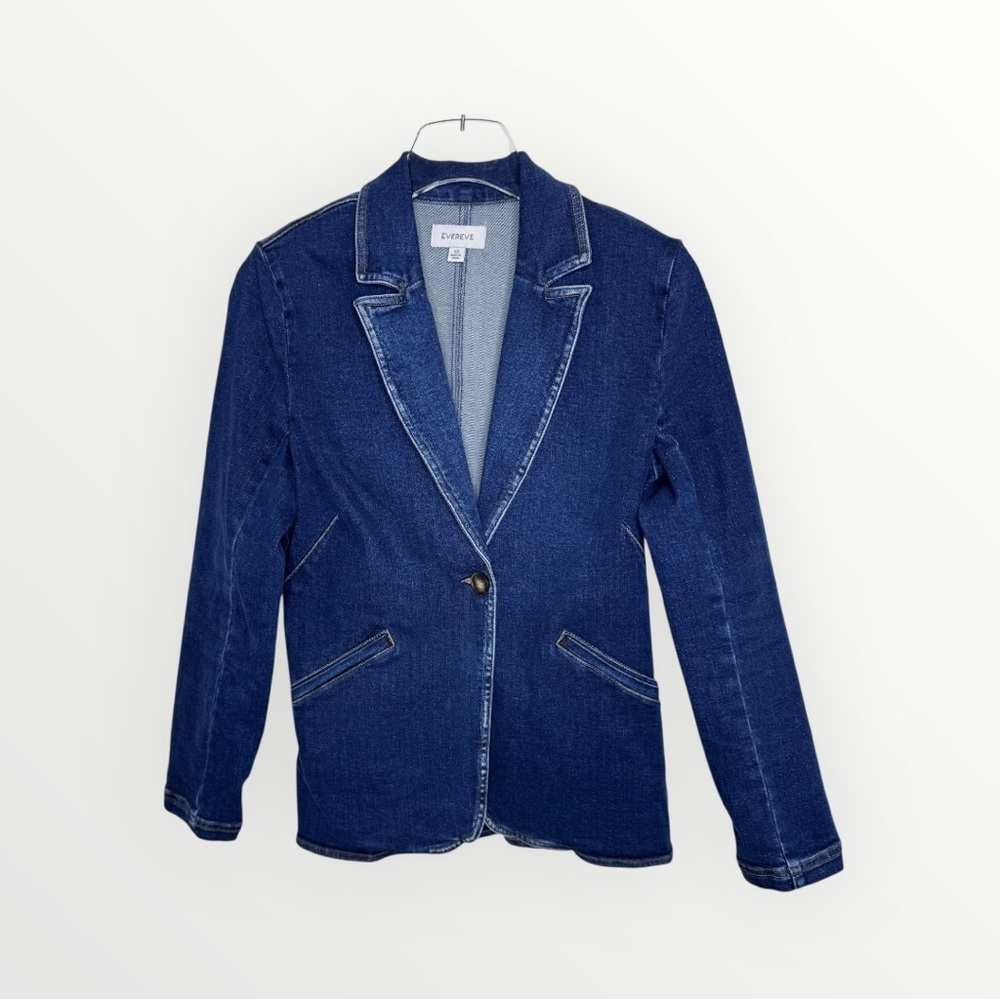Evereve Fitted Jean Jacket Blazer Women's Denim 1 Button Shoulder Pads XS NWOT - Picture 4 of 10